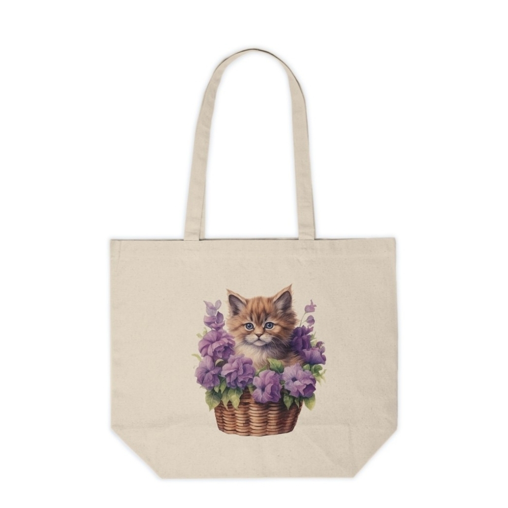 Floral Cat in a Basket Custom Canvas Tote Bag